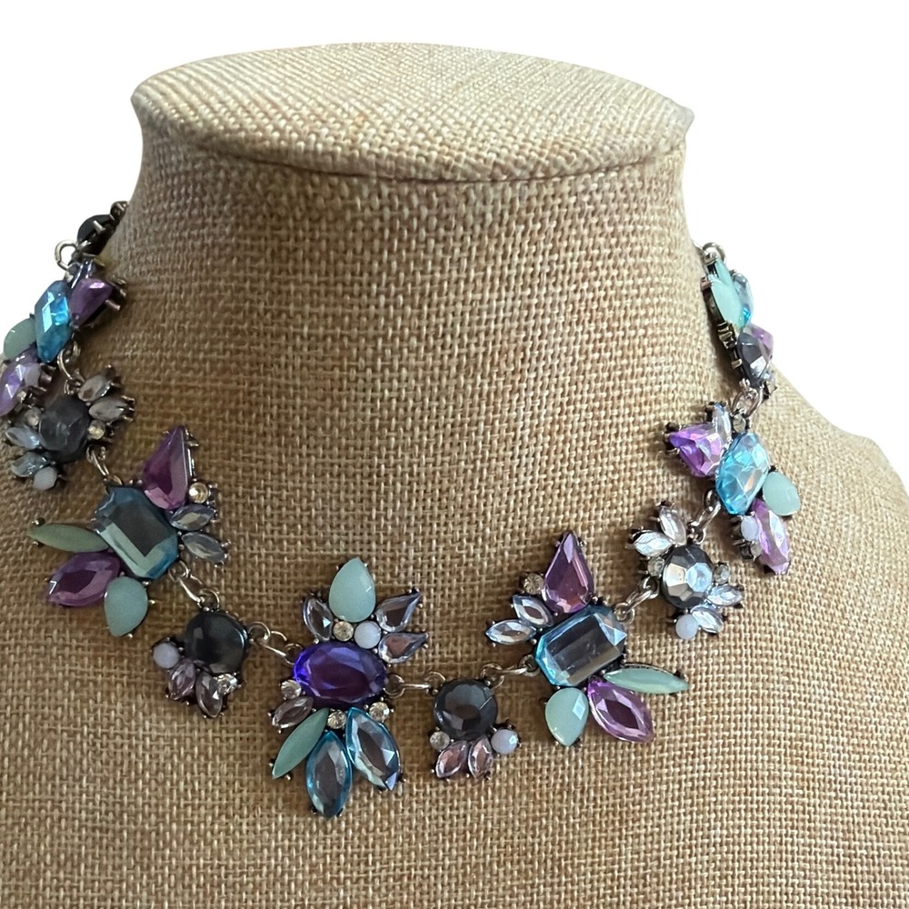 Multi Color Crystal Floral Statement Bib Necklace Silver Tone Gift Glamor